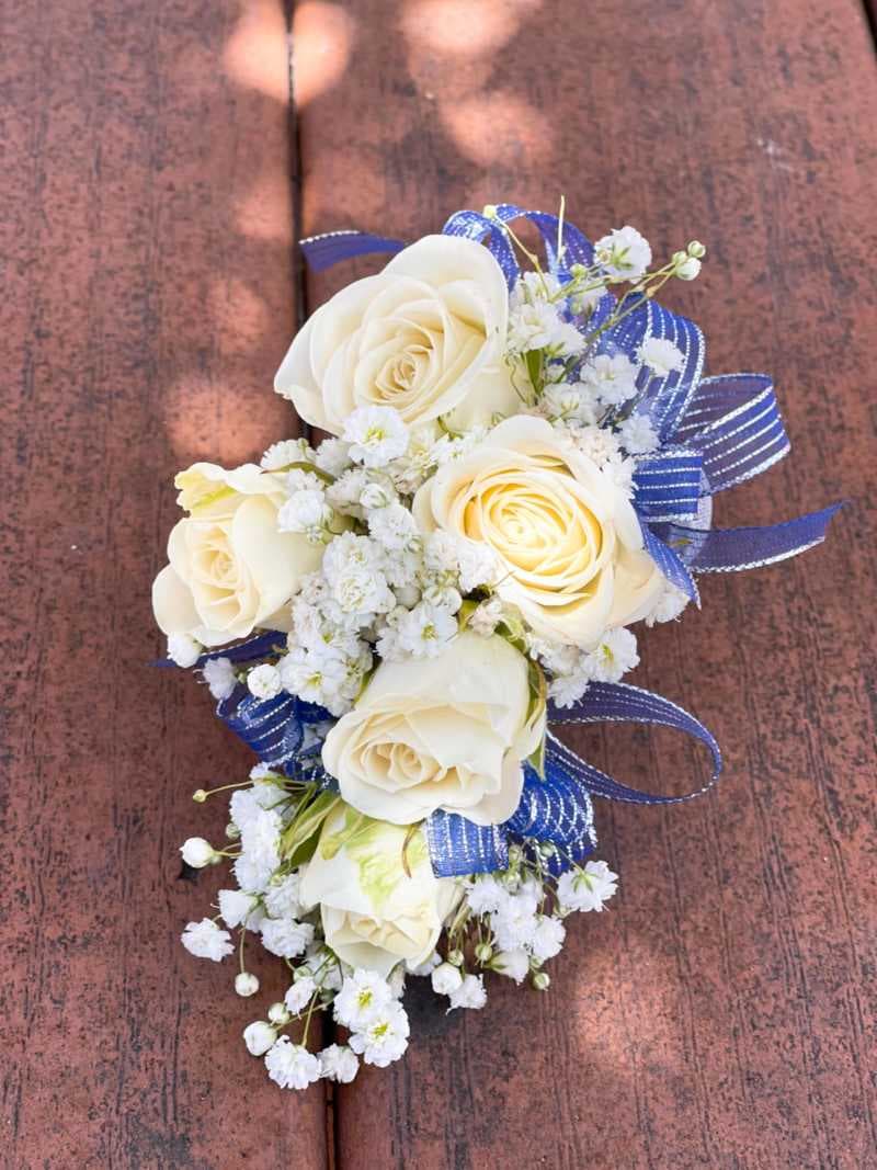 Wrist Corsage (White Flowers & Blue+Silver Ribbon)