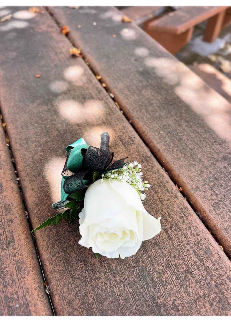 Boutonniere (White Rose & Black + Emerald Ribbon)