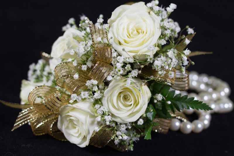 Corsage (White Flowers & Gold Ribbon & Pearl Wrist Band)